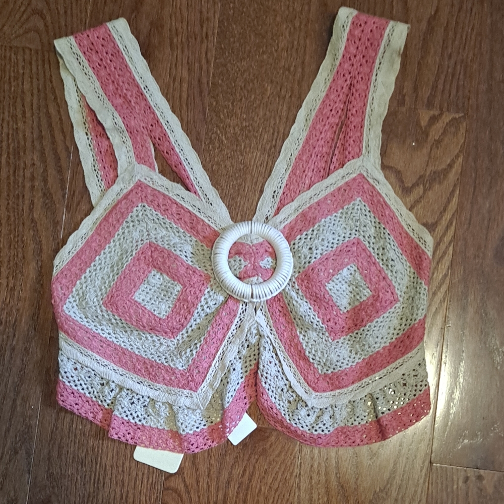 Anthropologie - Let Me Be - Open Back Crochet Tank Top Size Small Pink/Cream - Picture 10 of 16